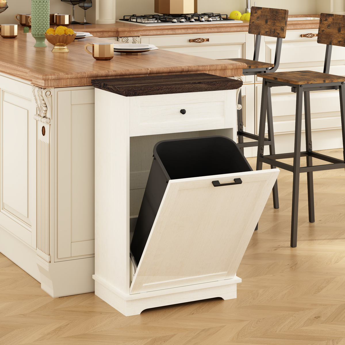 13 Gallon Tilt Out Trash Cabinet Freestanding Kitchen Trash Bin Cabinet Wood Garbage Recycling Cabinet with Hideaway Drawer Pet Proof Trash Can Holder for Kitchen Living Room, Antique White