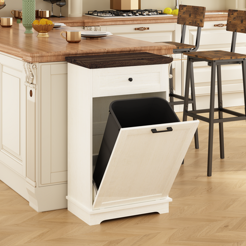 13 Gallon Tilt Out Trash Cabinet Freestanding Kitchen Trash Bin Cabinet Wood Garbage Recycling Cabinet with Hideaway Drawer Pet Proof Trash Can Holder for Kitchen Living Room, Antique White