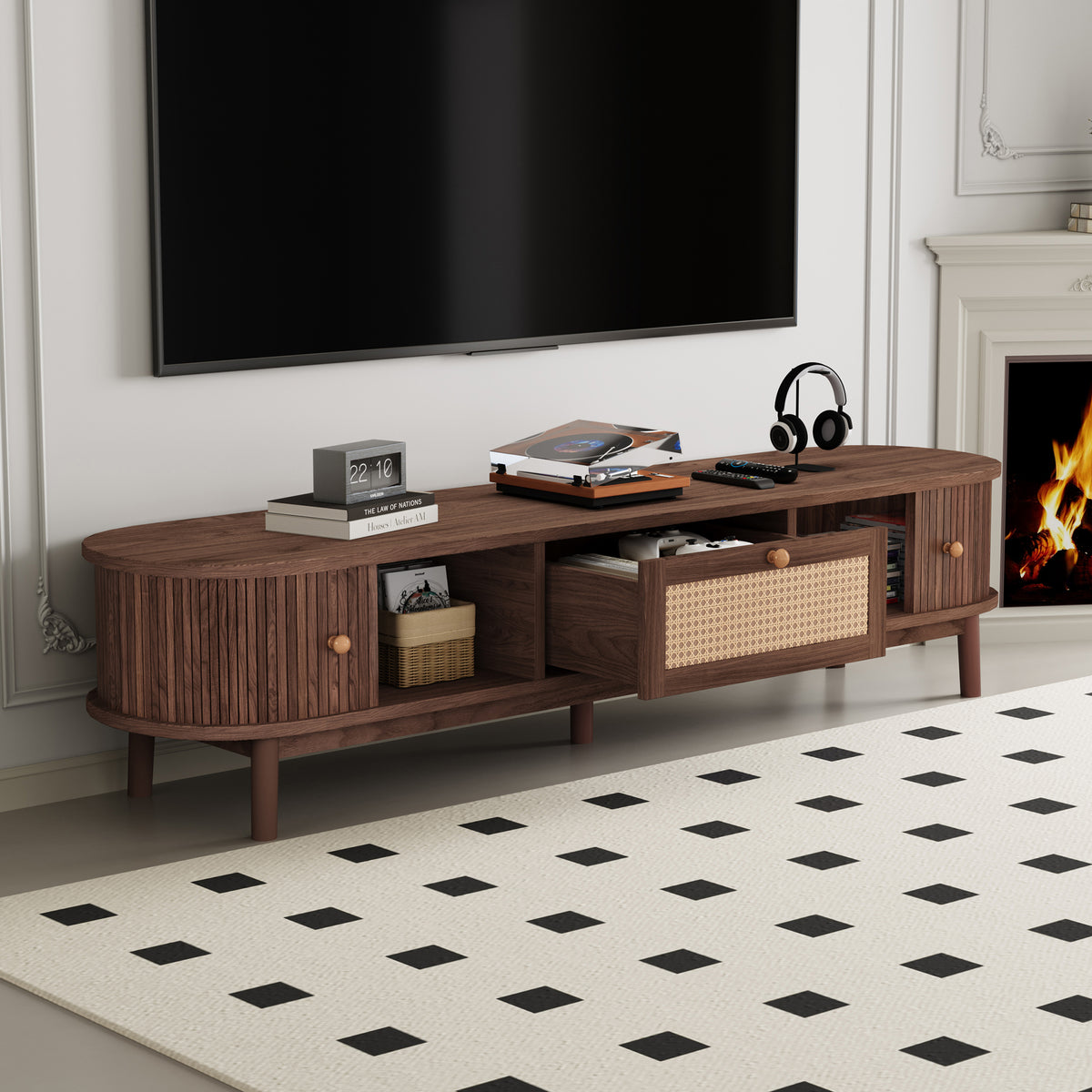 Modern Design TV Stand for 75' TVs, Media Console TV Cabinet with Rattan-Front Drawer for Living Room, 1 Drawer and 2 Sliding-Door Cabinets