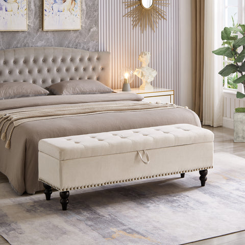 59' Bed Bench Ottoman with Storage  Beige Fabric