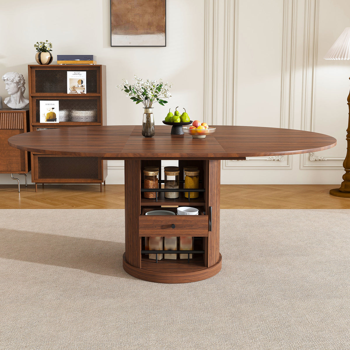 59' Extendable Oval Dining Table with 2-Tier Storage for 4-6, Space Saving Expandable Kitchen Table in Walnut Brown, MDF with Walnut Finish & Pedestal Base