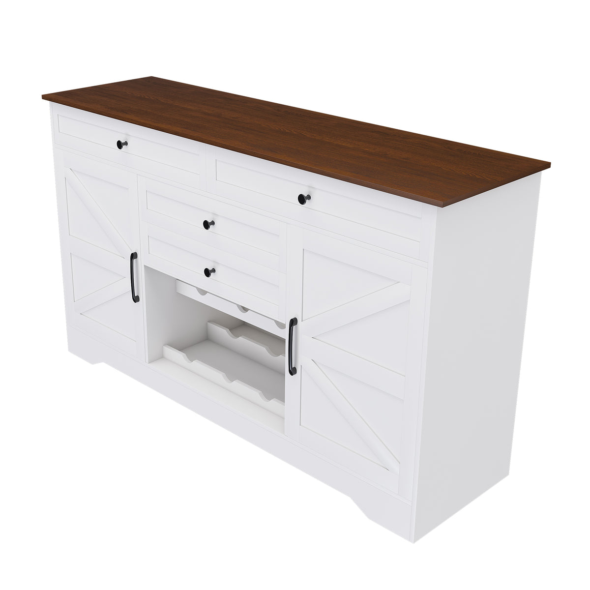 Rustic Farmhouse Kitchen Island with Storage Cabinet, Wood Top Breakfast Bar, White MDF, 54 Inch