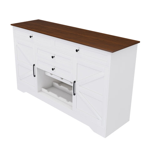 Rustic Farmhouse Kitchen Island with Storage Cabinet, Wood Top Breakfast Bar, White MDF, 54 Inch