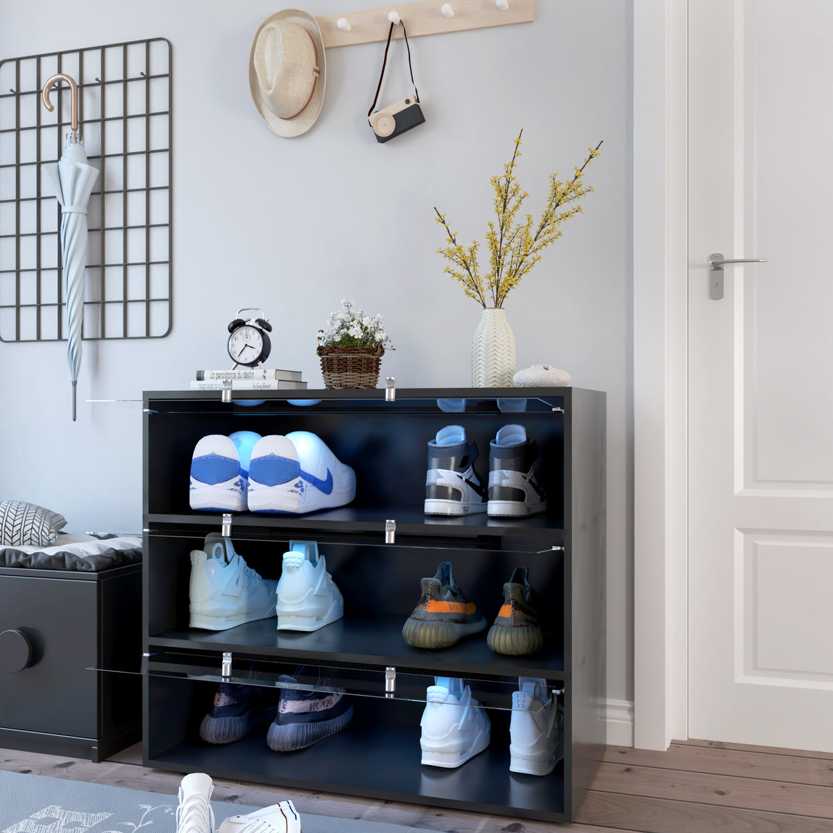 Black Glass Door Shoe Box Shoe Storage Cabinet  With RGB Led Light