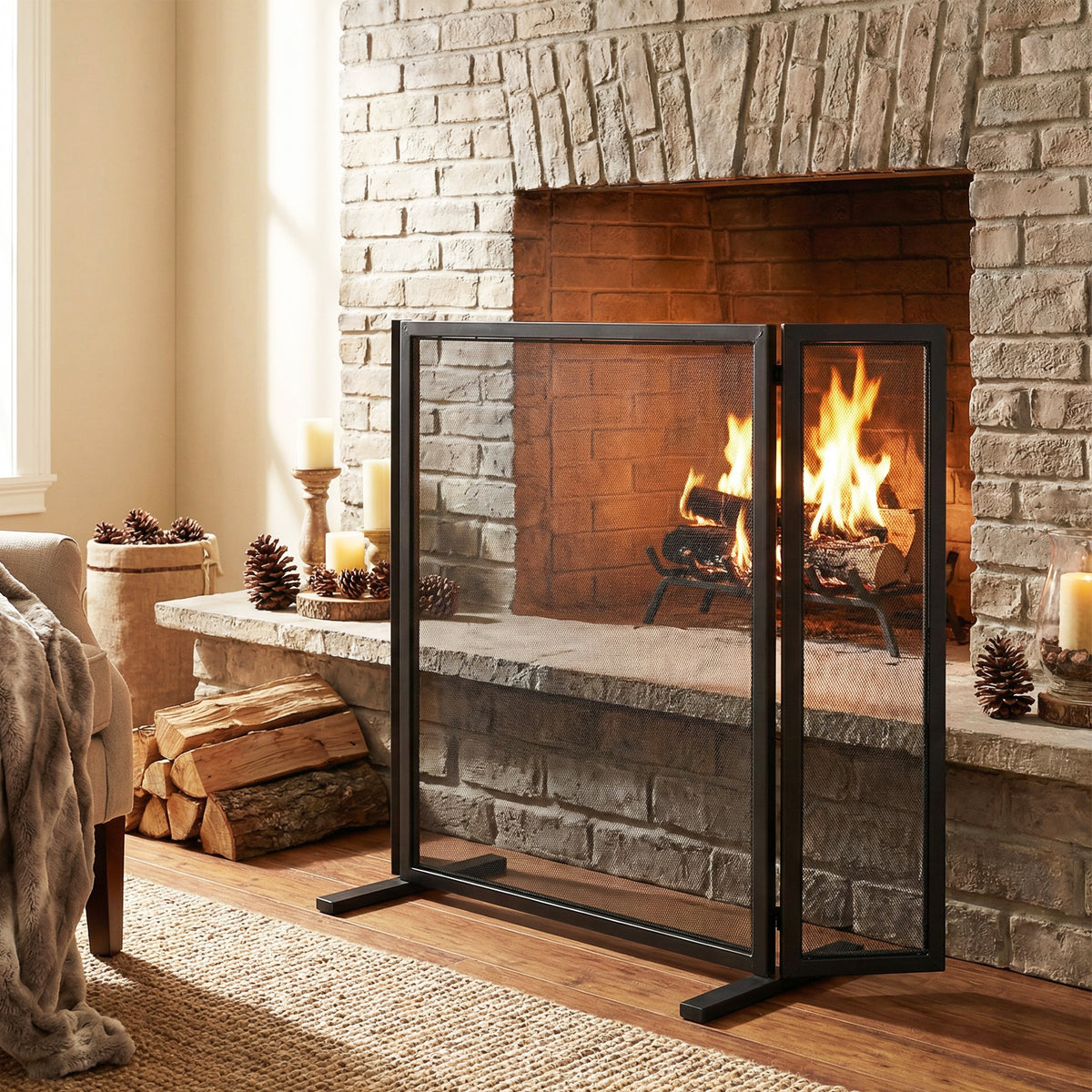 Quiana 3-Panel Iron Fireplace Screen 40' x 31', Black Finish