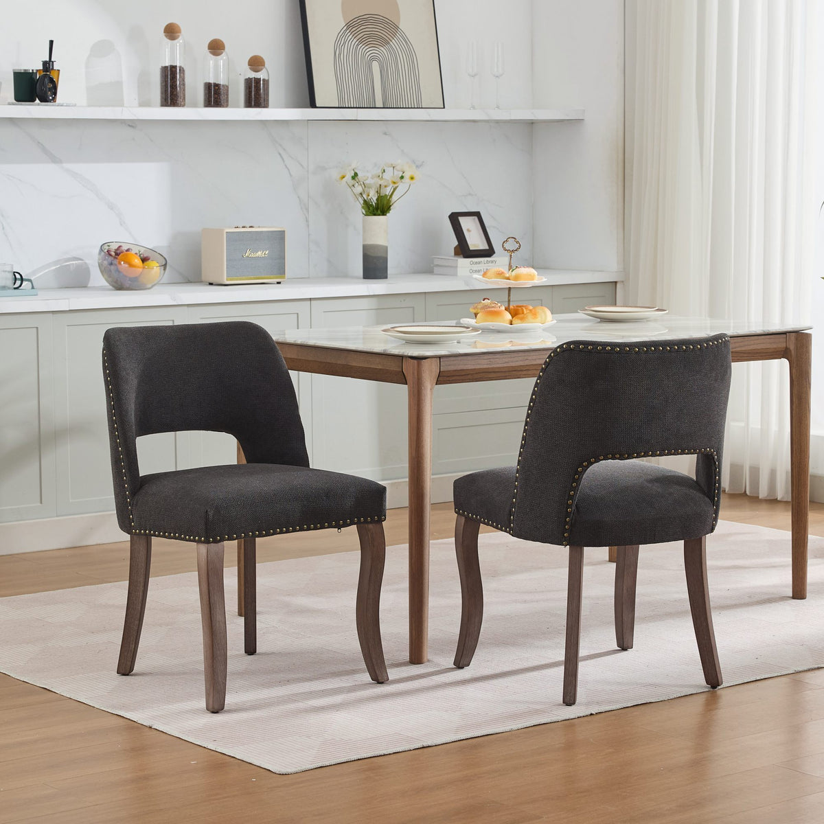 Wooden Dining Chairs Set of 2, Modern Fabric Upholstered Dining Room Chair Kitchen Chairs, Farmhouse Dinner Chair for Kitchen Dining Room, Black