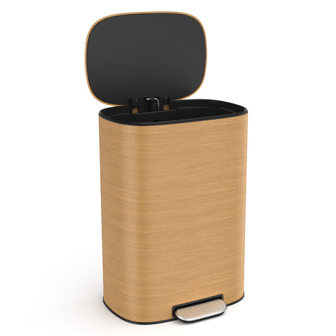 13 Gallon 50L Kitchen Foot Pedal Operated Soft Close Trash Can - Stainless Steel Ellipse Bustbin - Wood