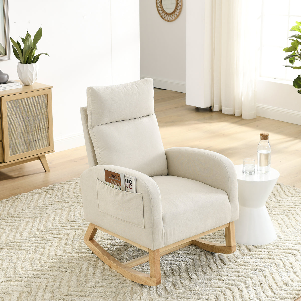 [Video] Welike 27.6'W Modern Accent High Backrest Living Room Lounge Arm Rocking Chair, Two Side Pocket