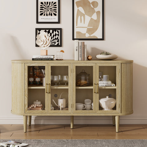 TREXM Farmhouse Sideboard Cabinet with Storage, Wood Buffet Cabinet with Glass Doors and Adjustable Shelves for Kitchen, Dining Room and Living Room (Natural)