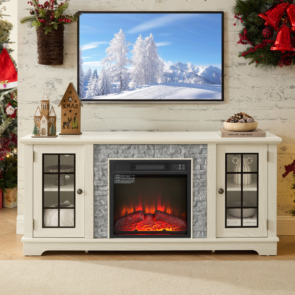 58' Modern TV Stand with 2-Door Storage & 18' Electric Fireplace, Faux Stone Media Console Cabinet, White Large Entertainment Center for Living Room