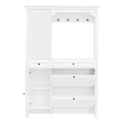 54.7'' Hall Tree with Integrated Shoe Cabinet and Mirrored Cabinet Door, Coat Hanger, Entryway Bench, 4-in-1 Design, 2 Flip Drawers, 4 Hooks and 2 Cabinets for Entrance,Living Room
