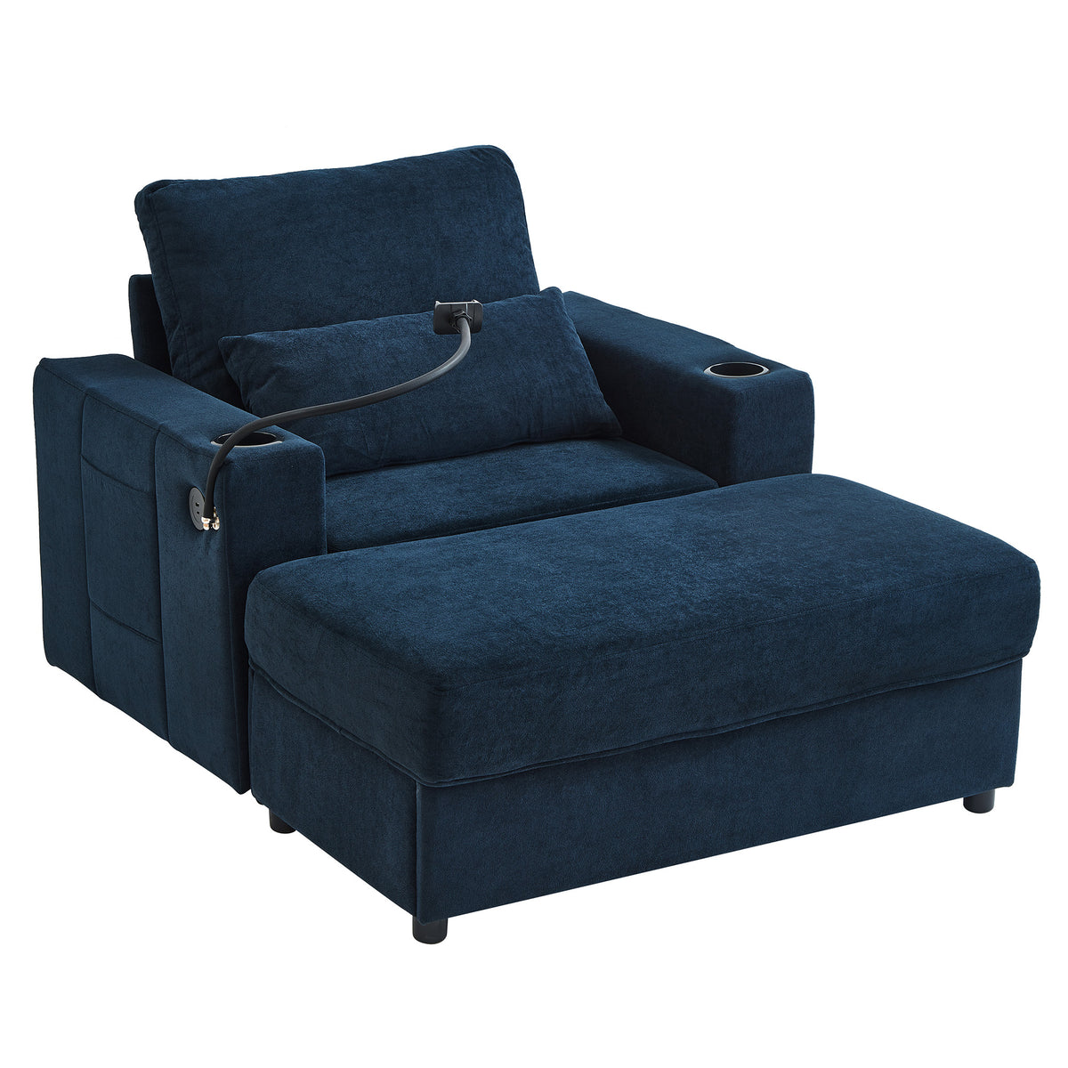 Modern Style Armchair 42.5' Chaise Lounge Sofa Couch with Movable Storage Ottoman, USB Ports, Cup Holders, Phone Holder, Side Pockets, Blue Chenille Fabric