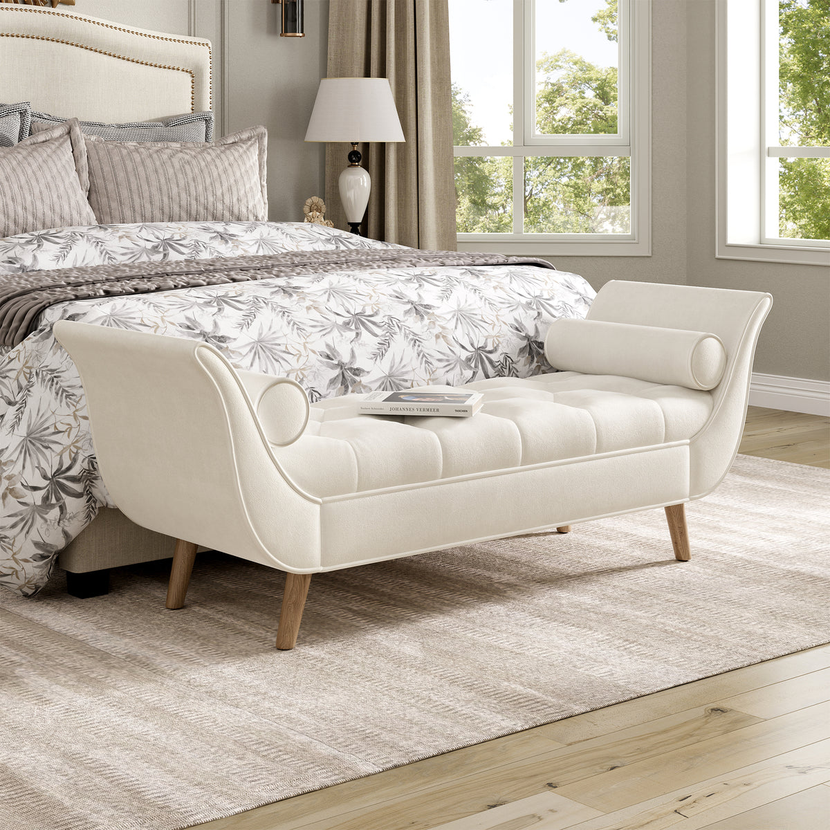 Upholstered Velvet Bench, End of Bed Bench with 2 Pillows, Upholstered Button Tufted Ottoman,Footstool with Rolled Arms, Foot Rest with Solid Wood Legs, for Entryway, Living Room ,Dining Room,Beige