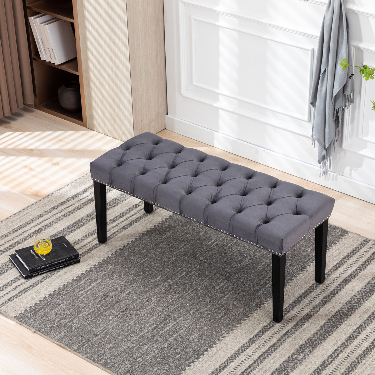 Heng Ming Upholstered Tufted Bench Ottoman , Velvet Dining Bench Bedroom Bench  Footrest Stool Accent Bench for Entryway Dining Room Living Room, Dark gray