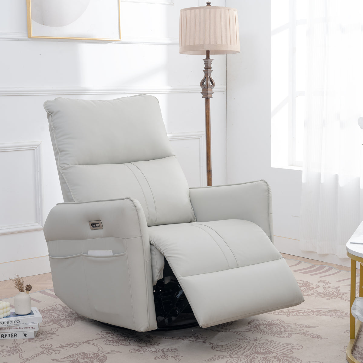 270° Power Swivel Rocker Recliner Chair, PU Leather Electric Glider Reclining Sofa with USB Ports, Power Swivel Glider, Rocking Chair,Nursery Recliners for Living Room Bedroom(Light Gray+270°Swivel)