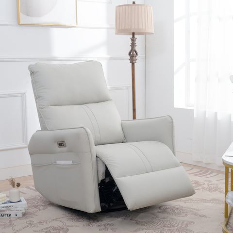 270° Power Swivel Rocker Recliner Chair, PU Leather Electric Glider Reclining Sofa with USB Ports, Power Swivel Glider, Rocking Chair,Nursery Recliners for Living Room Bedroom(Light Gray+270°Swivel)