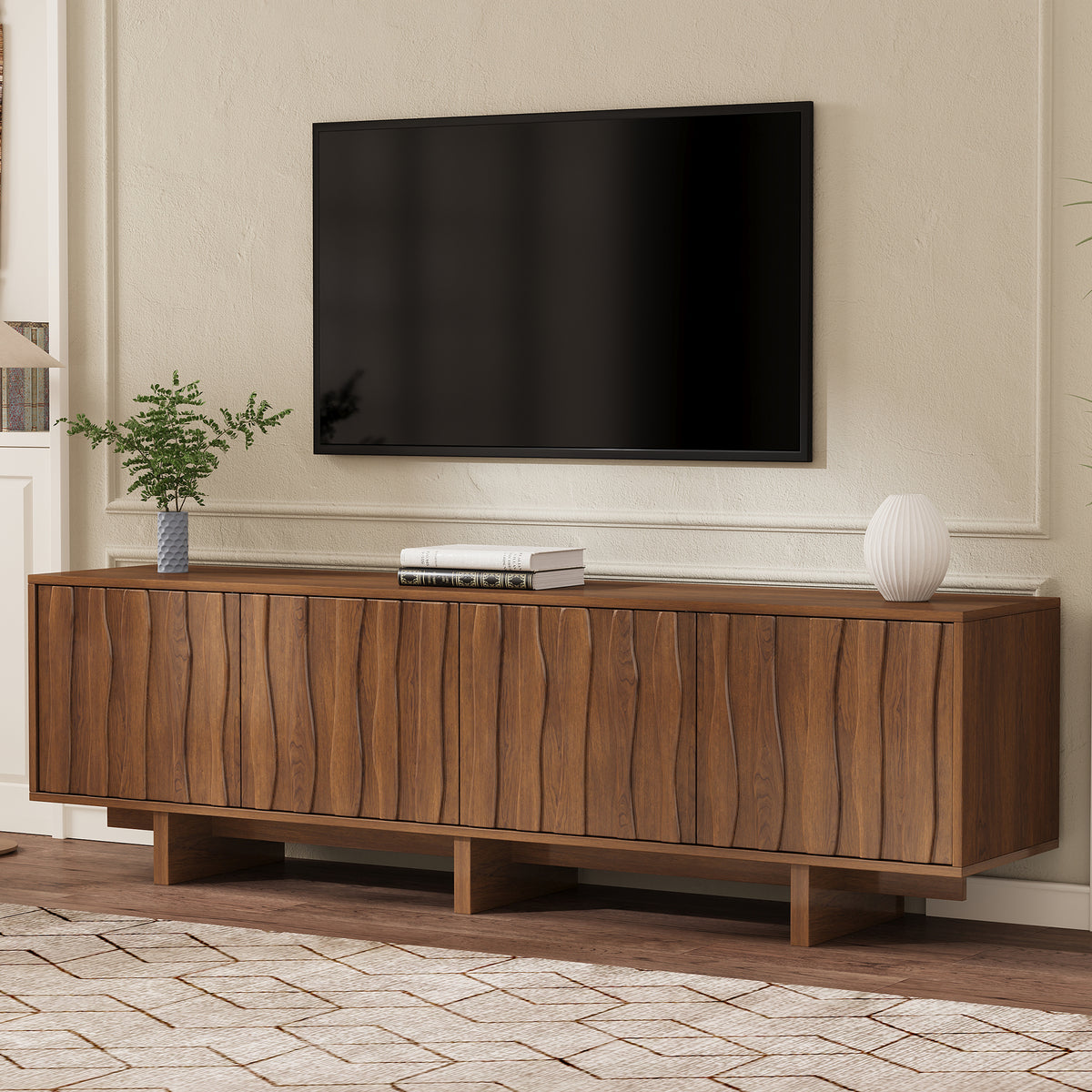 [Video Provided] Retro Style Wood Grain TV Stand with Wavy Door for TVs up to 75', Rustic Media Console with Ample Storage Space, Sturdy Base TV Cabinet with Cable Management for Living Room, Walnut