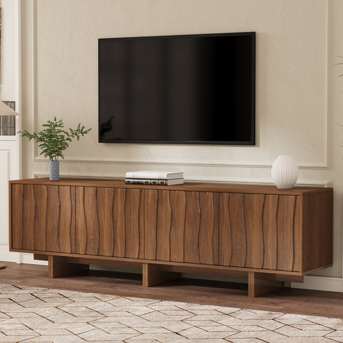 [Video Provided] Retro Style Wood Grain TV Stand with Wavy Door for TVs up to 75', Rustic Media Console with Ample Storage Space, Sturdy Base TV Cabinet with Cable Management for Living Room, Walnut