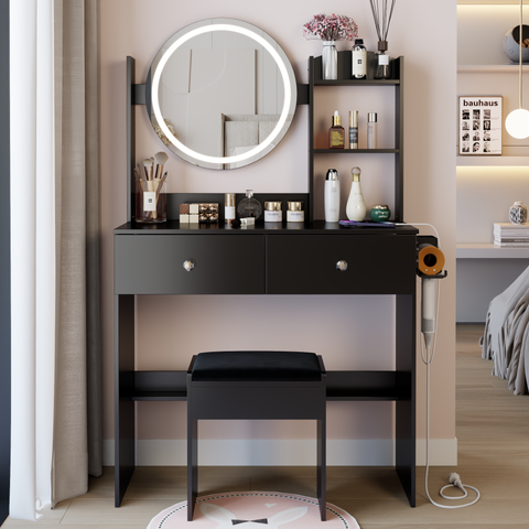 17' Round LED Mirror Vanity Table+Cushioned Stool, Equipped With 2 AC+2 USB Power Socket, Big Mirror, Touch Switch, 3 Colors, Adjustable Brightness, Large Desktop, Multi-layer High Capacity Storage
