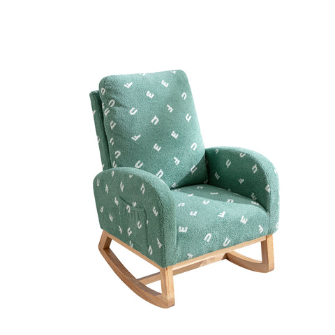 Modern Rocking Chair for Nursery, Mid Century Accent Rocker Armchair with Side Pocket, Green Boucle, 26.8'W