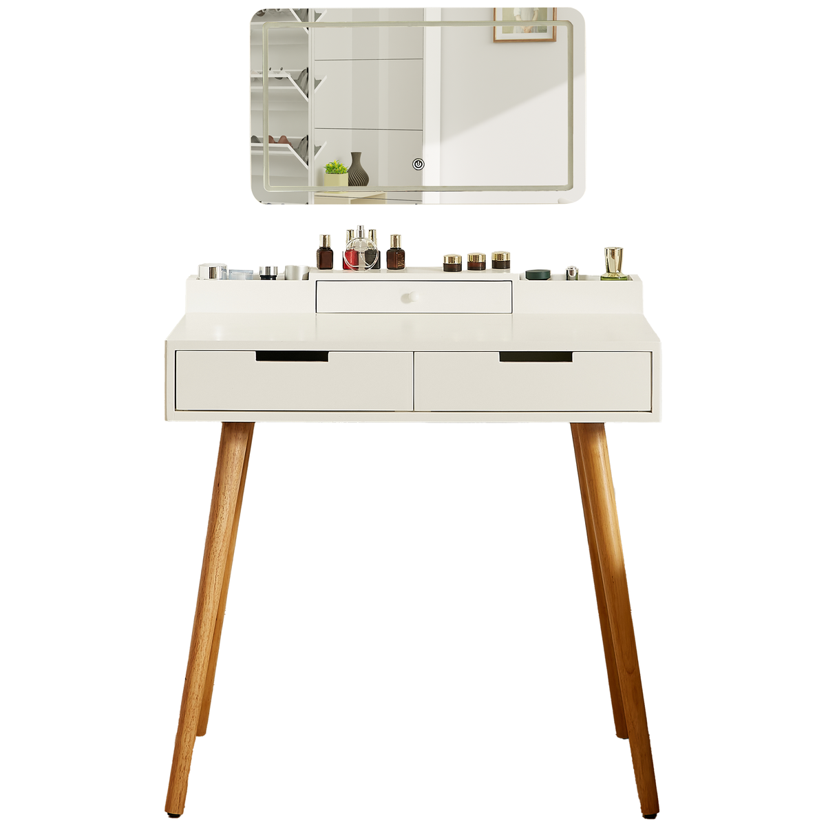 Makeup Vanity Desk with Removable Mirror and Lights, 3 Color Modes & Adjustable Brightness Dressing Table, Small Vanity Table Set with 2 Drawers for Bedroom, white 31.5'