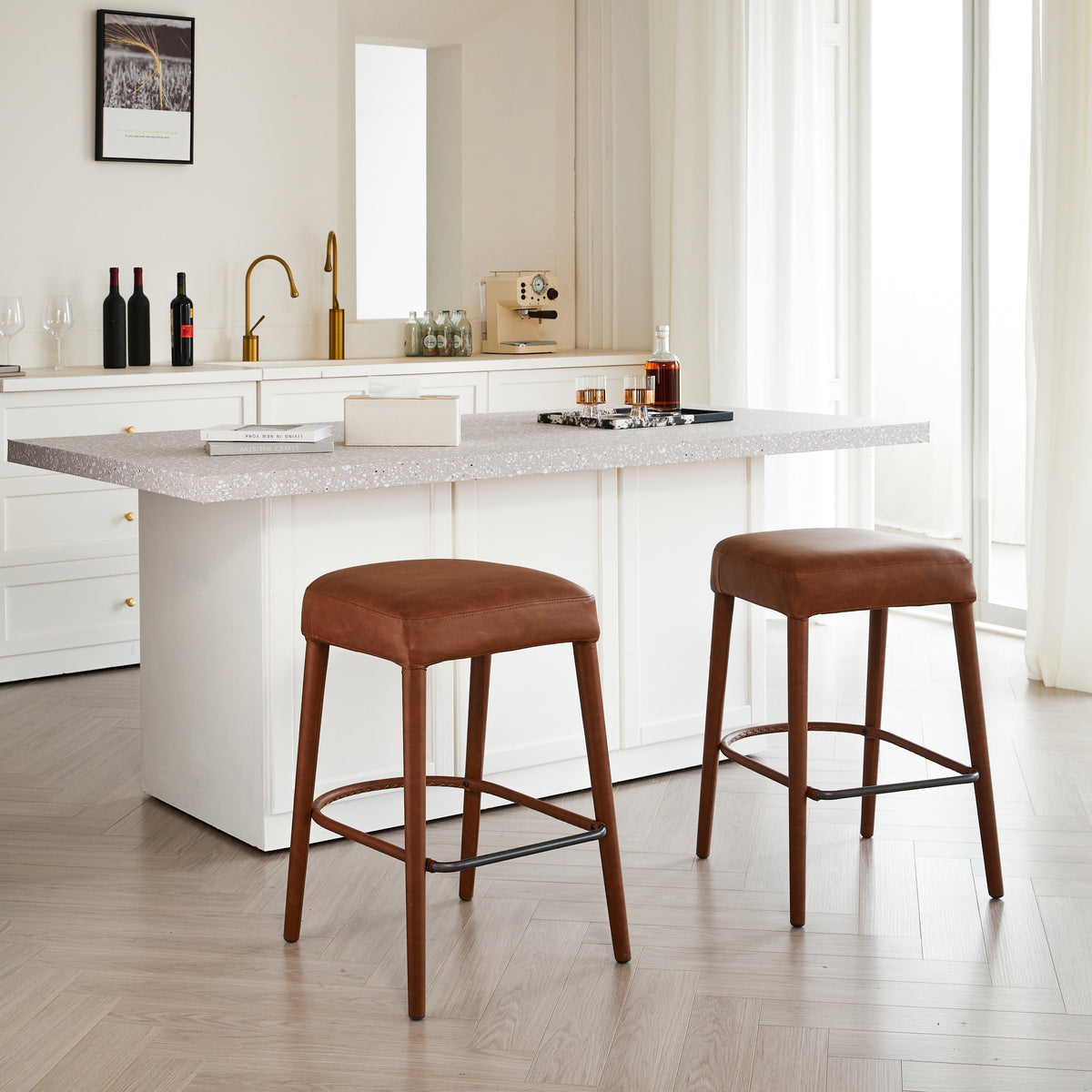 Counter Height Backless Brown Faux Leather Bar Stool – Comfortable Padded Seat with Sturdy Metal Legs & Footrest, Stylish Seating for Kitchen Island, Pub & Dining Counter,2 Sets