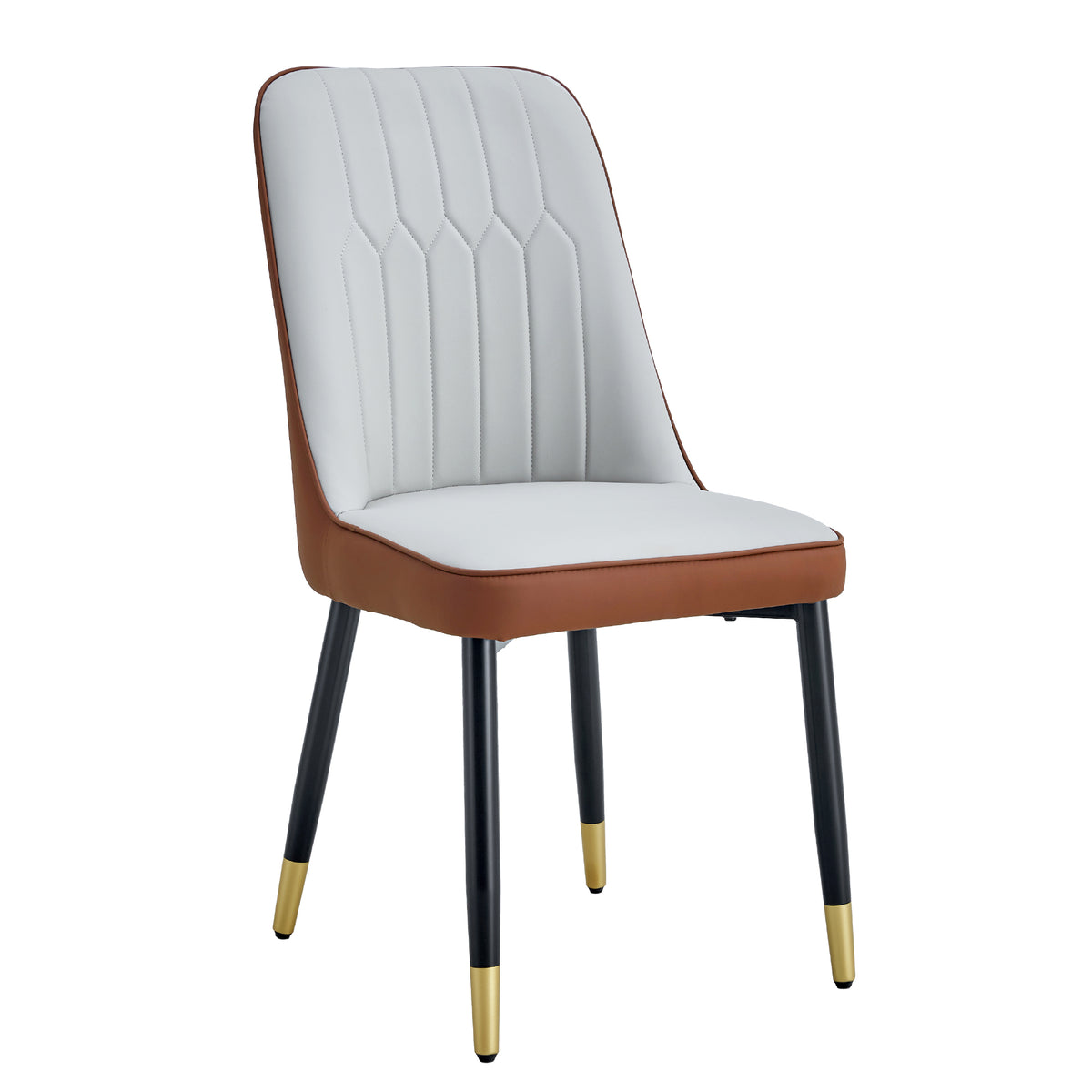 Modern Dining Chair Set of 4 with Light Gray Brown Dual Tone PU Leather Backrest and Black Metal Legs