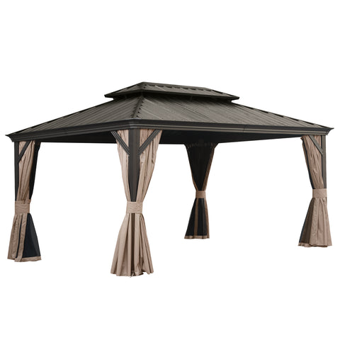 12' X 16' Hardtop Gazebo, Upgraded Metal Gazebo with Drainage System, Dual-Layer Galvanized Steel Roof, Curtain and Netting, Outdoor Shelter Canopy for Patio, Garden, and Backyard, Brown