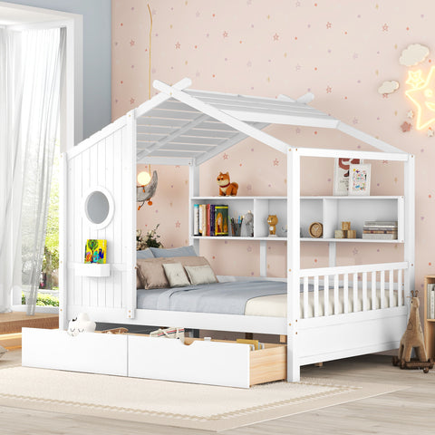 Wooden Full Size House Bed with 2 Drawers,Kids Bed with Storage Shelf, White(Old SKU: HL000052AAK)