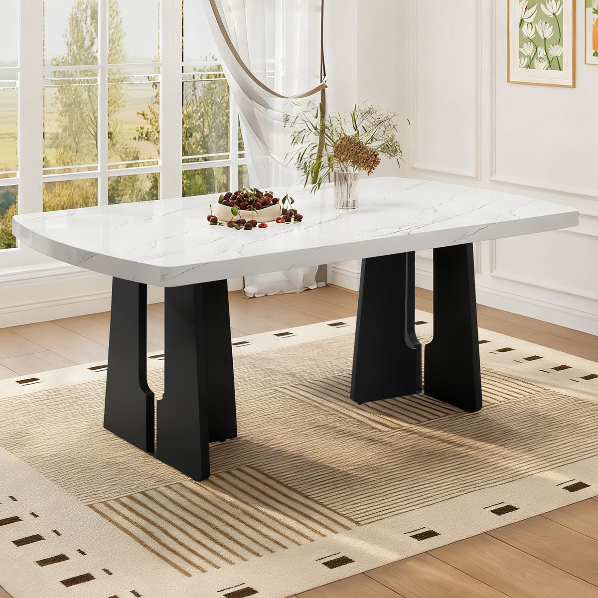 63' Modern Faux Marble Dining Table - Black/White Marble Top with Sturdy Geometric Legs, Stylish Kitchen & Dining Room Table for Home, Apartment, Office, Easy to Assemble, White+Black