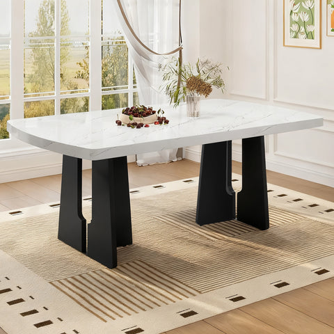 63' Modern Faux Marble Dining Table - Black/White Marble Top with Sturdy Geometric Legs, Stylish Kitchen & Dining Room Table for Home, Apartment, Office, Easy to Assemble, White+Black