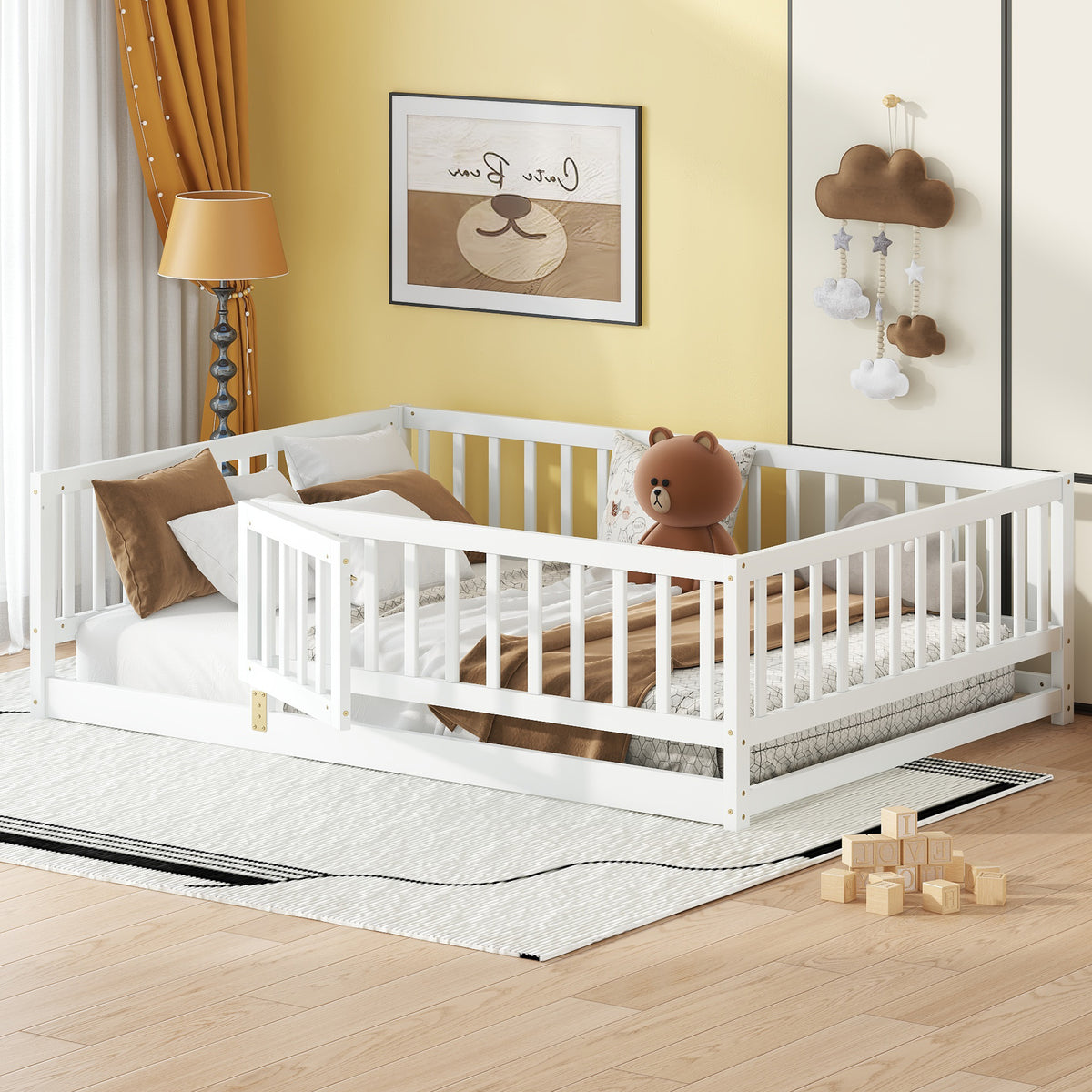 Full Size Floor Bed with Slats, Montessori Floor Bed with Fence and Door, Kids Montessori Bed Full Size, Wood Montessori Floor Bed for Kids, Girls, Boys(White)