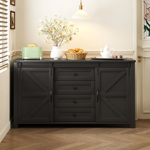 U-Style 55.1-Inch Sideboard with Storage,Farmhouse Storage Cabinet with Sliding Barn Doors and 4 Drawers, Wood Buffet Table with Power Outlet