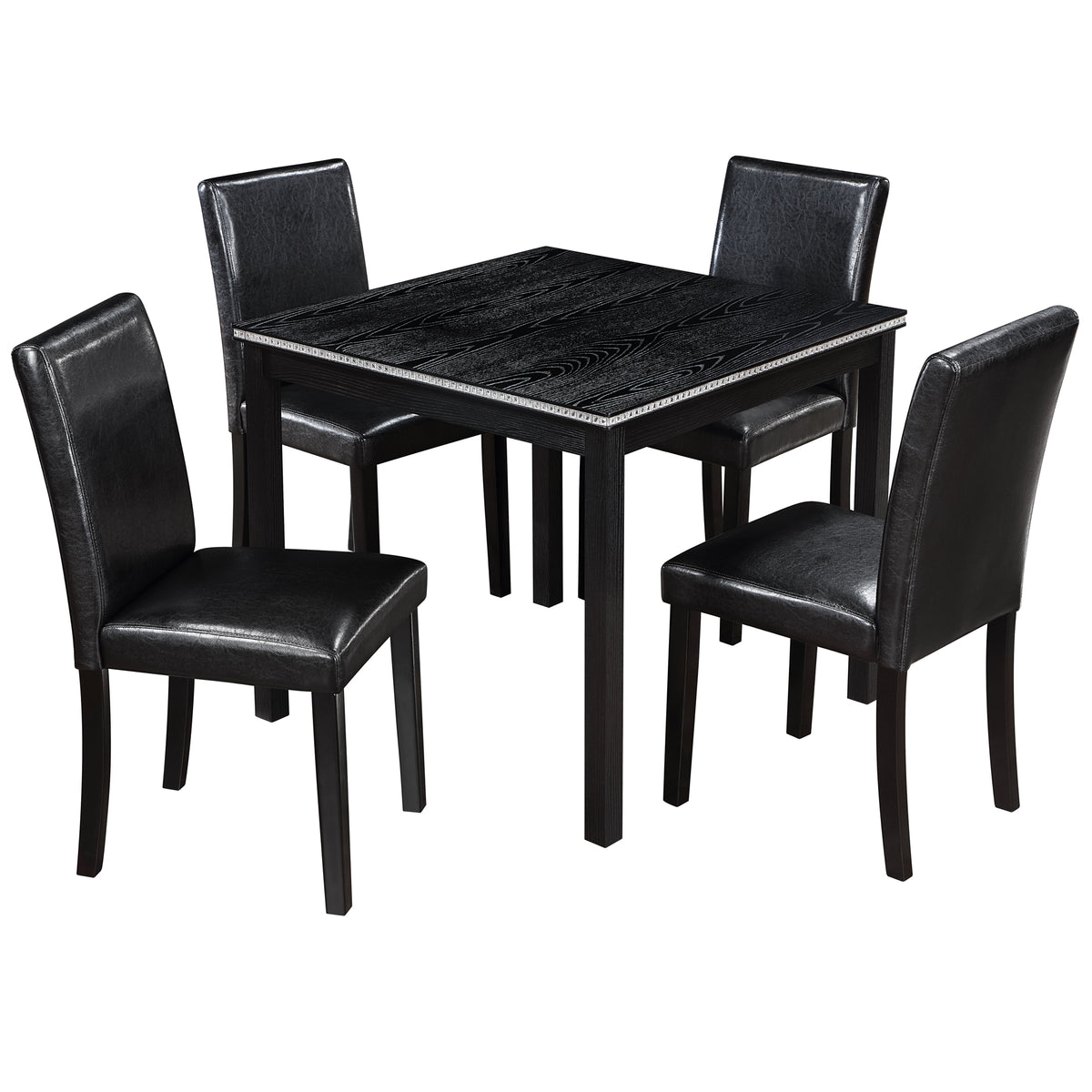 5PCs Wooden Dining Table Set, Kitchen Table Set with a Square Table And 4 Upholstered Chairs, Wooden Dining Room Table with Crystal Decoration and Chairs Set for Kitchen, Dining Room, Black
