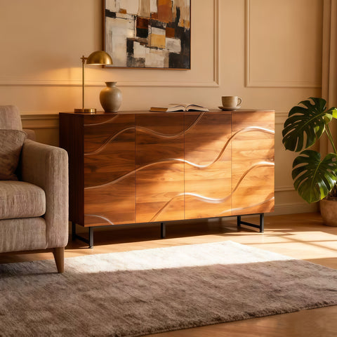 Modern Art Solid Wood Sideboard,59*16*35inch, Wave Relief Design, Walnut Texture, Iron Legs, Living Room Storage Cabinet